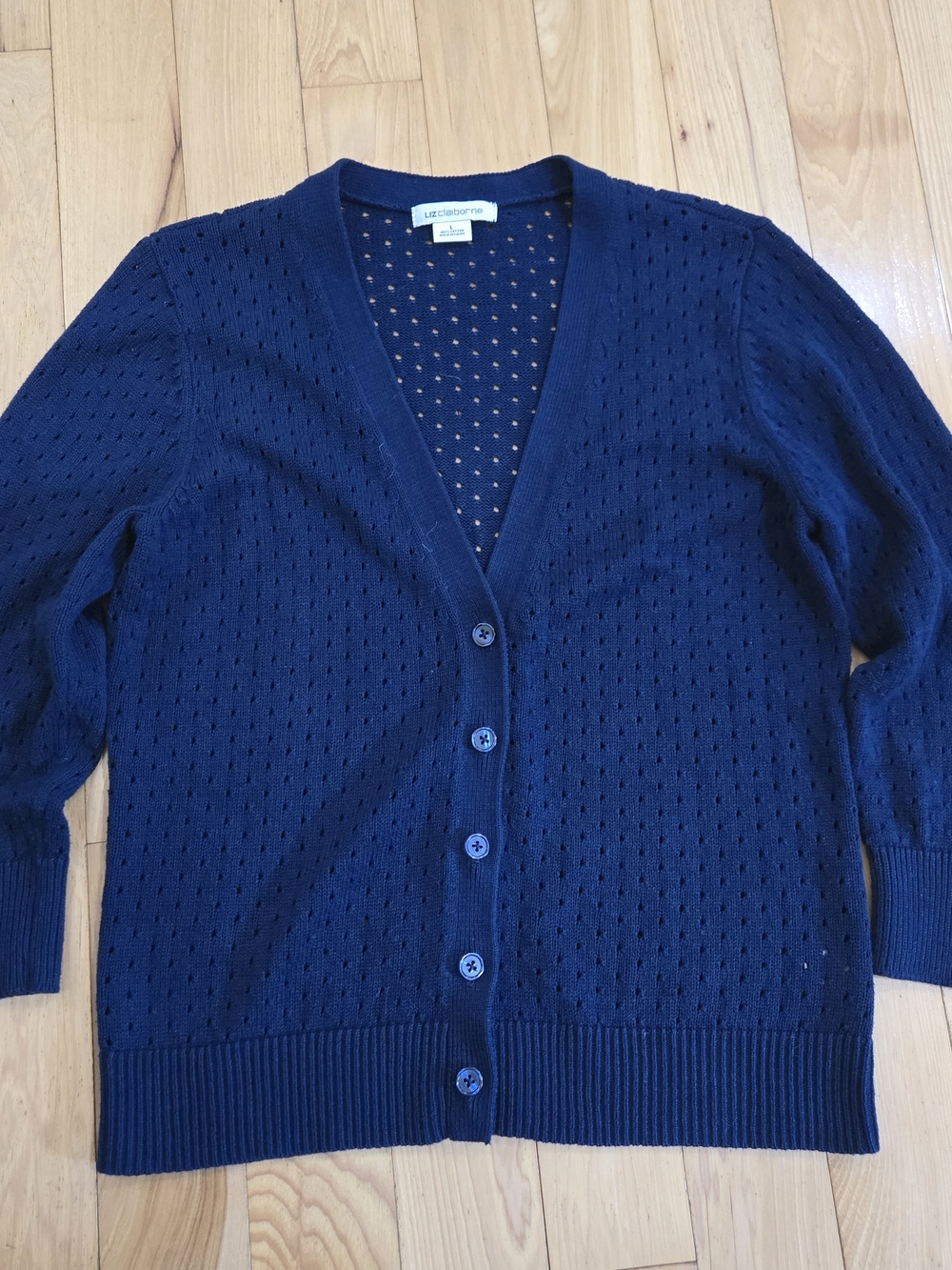 Liz Claiborne Navy Pointelle V-Neck Button Cardigan